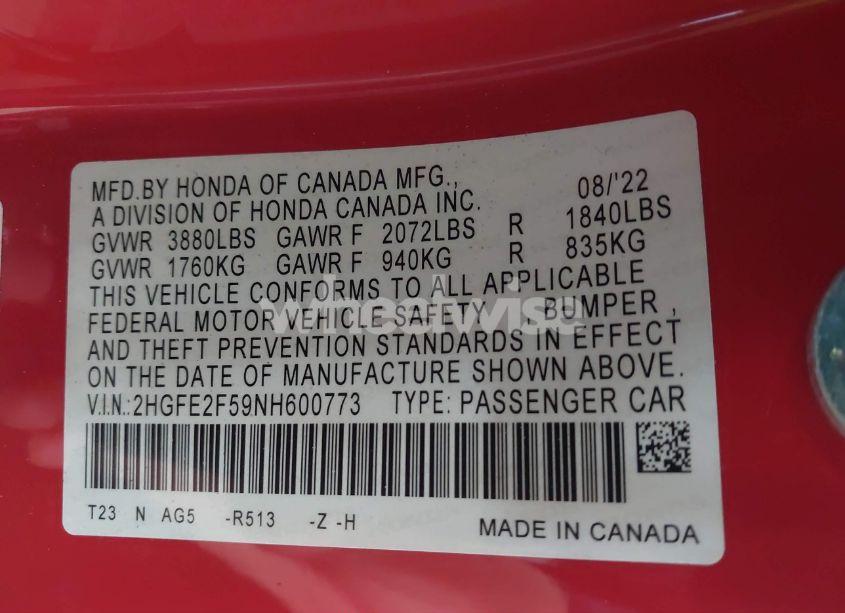 Photo 9 of 2022 Honda Civic SPORT (VIN 2HGFE2F59NH600773)