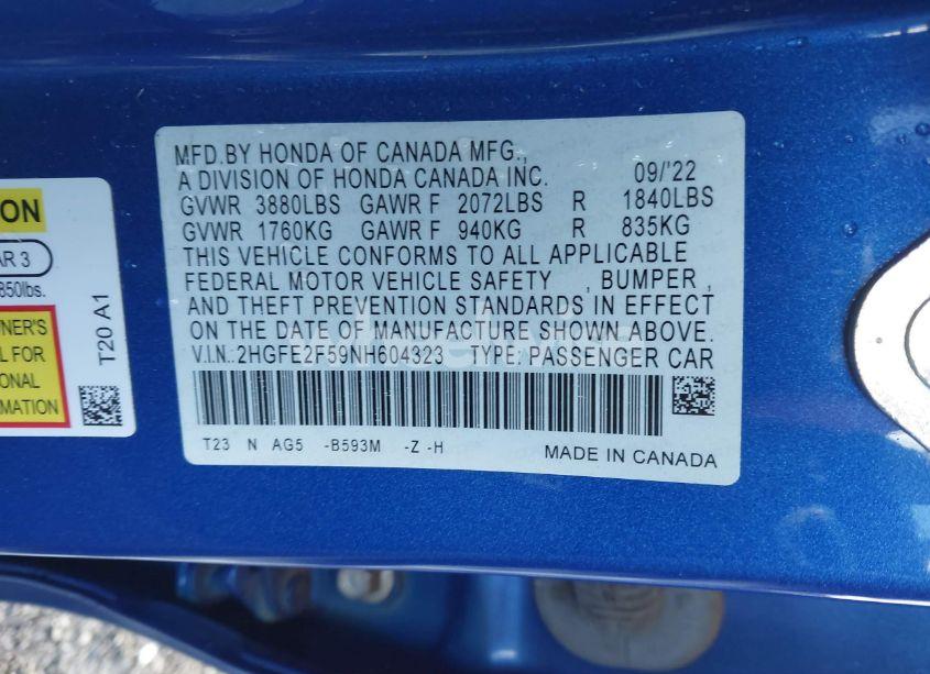 Photo 9 of 2022 Honda Civic SPORT (VIN 2HGFE2F59NH604323)