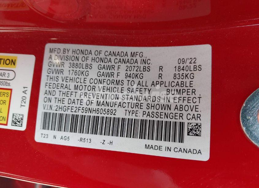 Photo 9 of 2022 Honda Civic SPORT (VIN 2HGFE2F59NH605892)
