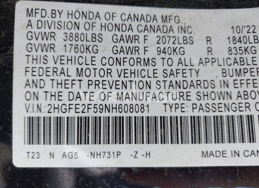 Photo 9 of 2022 Honda Civic SPORT (VIN 2HGFE2F59NH608081)