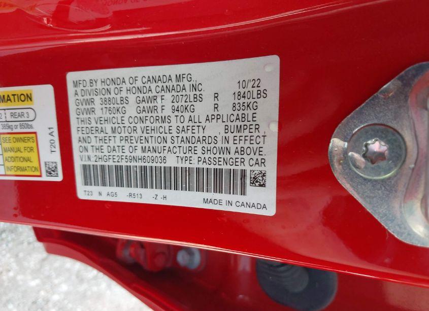 Photo 9 of 2022 Honda Civic SPORT (VIN 2HGFE2F59NH609036)
