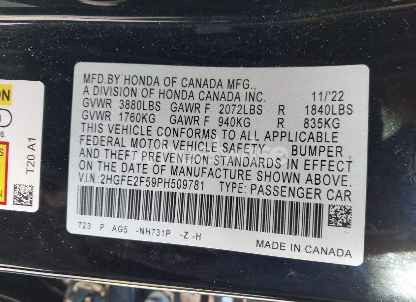 Photo 9 of 2023 Honda Civic SPORT (VIN 2HGFE2F59PH509781)