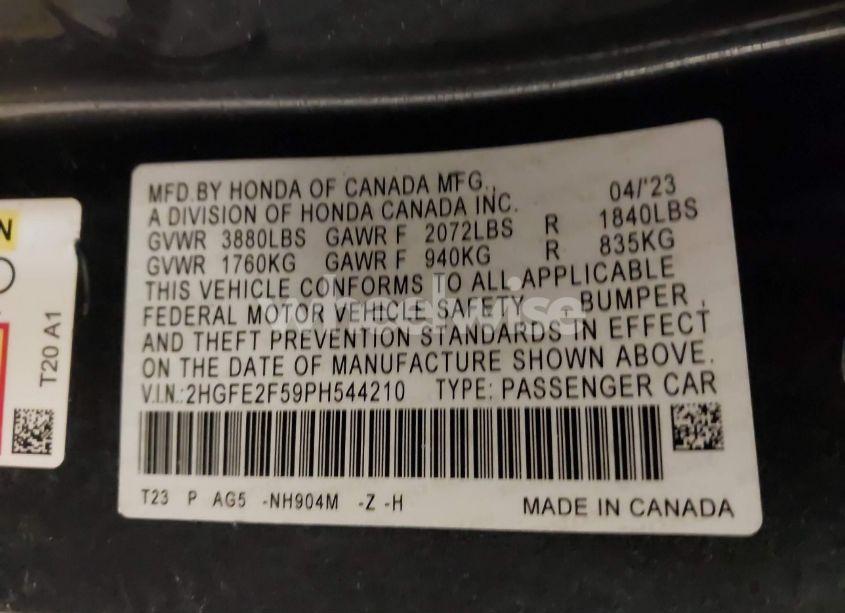 Photo 9 of 2023 Honda Civic SPORT (VIN 2HGFE2F59PH544210)