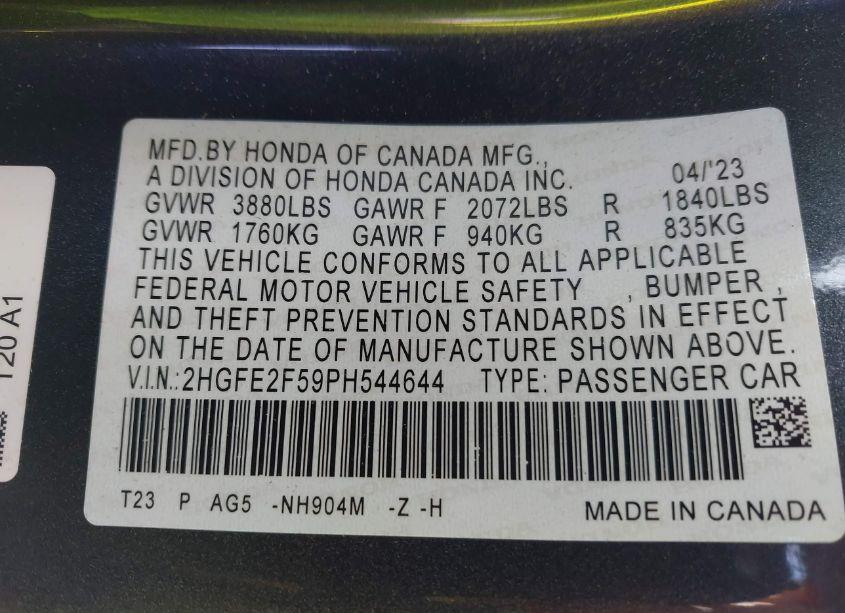 Photo 9 of 2023 Honda Civic SPORT (VIN 2HGFE2F59PH544644)
