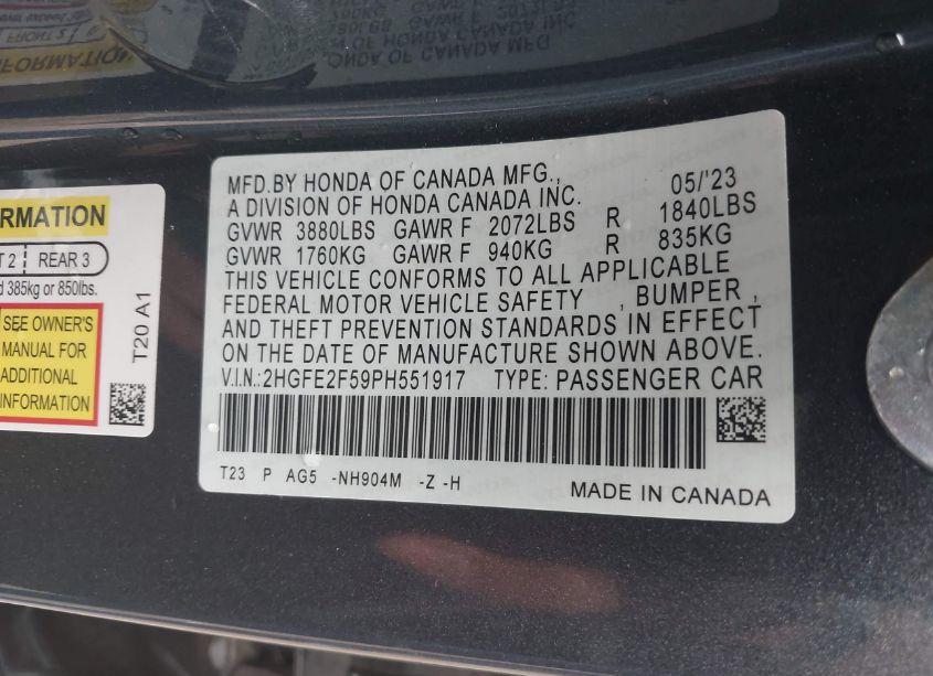 Photo 9 of 2023 Honda Civic SPORT (VIN 2HGFE2F59PH551917)