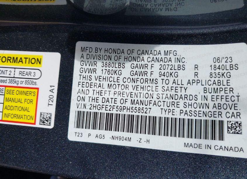 Photo 9 of 2023 Honda Civic SPORT (VIN 2HGFE2F59PH558527)