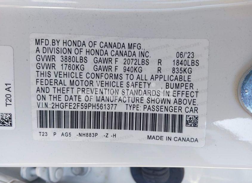 Photo 9 of 2023 Honda Civic SPORT (VIN 2HGFE2F59PH561377)