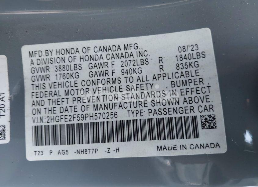 Photo 9 of 2023 Honda Civic SPORT (VIN 2HGFE2F59PH570256)