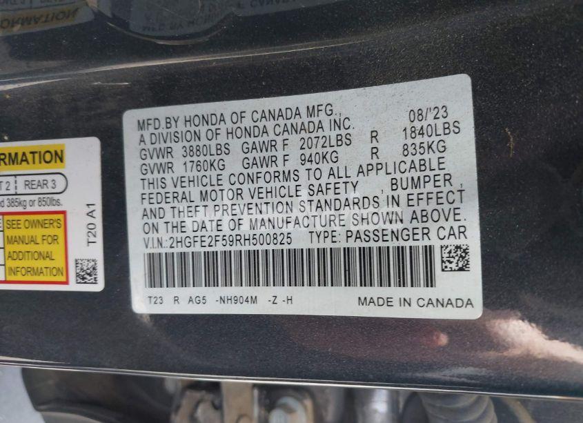 Photo 9 of 2024 Honda Civic SPORT (VIN 2HGFE2F59RH500825)