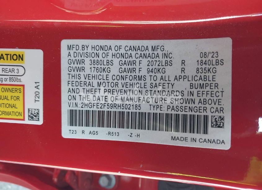 Photo 9 of 2024 Honda Civic SPORT (VIN 2HGFE2F59RH502185)