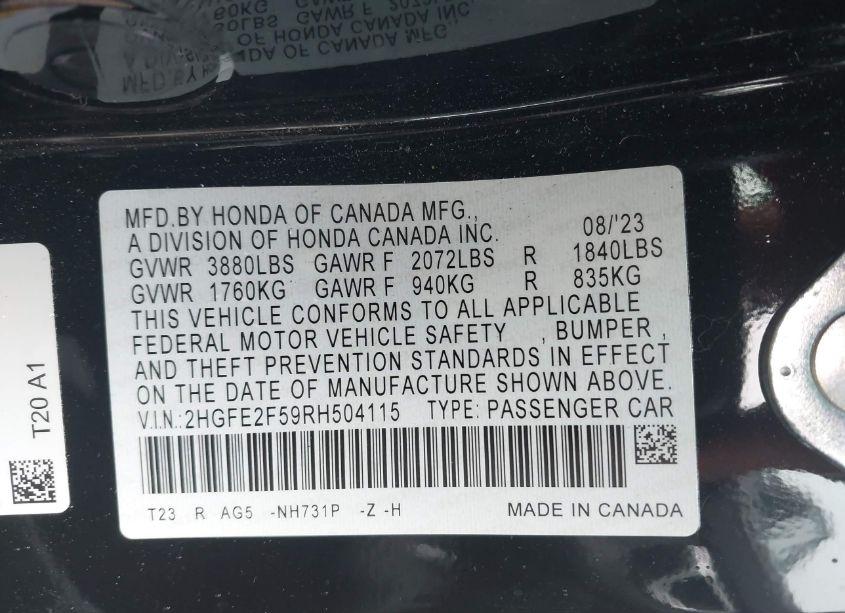 Photo 9 of 2024 Honda Civic SPORT (VIN 2HGFE2F59RH504115)