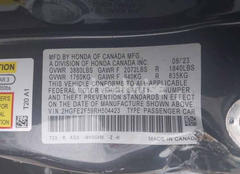 Photo 9 of 2024 Honda Civic SPORT (VIN 2HGFE2F59RH504423)