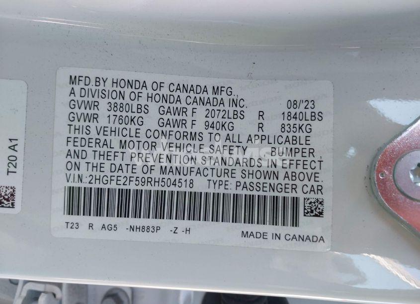 Photo 9 of 2024 Honda Civic SPORT (VIN 2HGFE2F59RH504518)