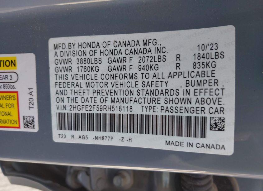 Photo 9 of 2024 Honda Civic SPORT (VIN 2HGFE2F59RH516118)