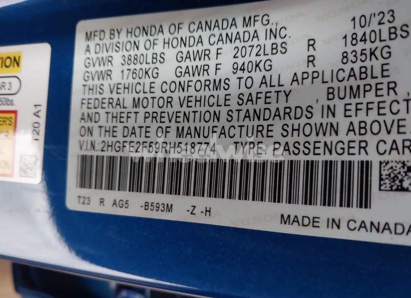 Photo 9 of 2024 Honda Civic SPORT (VIN 2HGFE2F59RH518774)