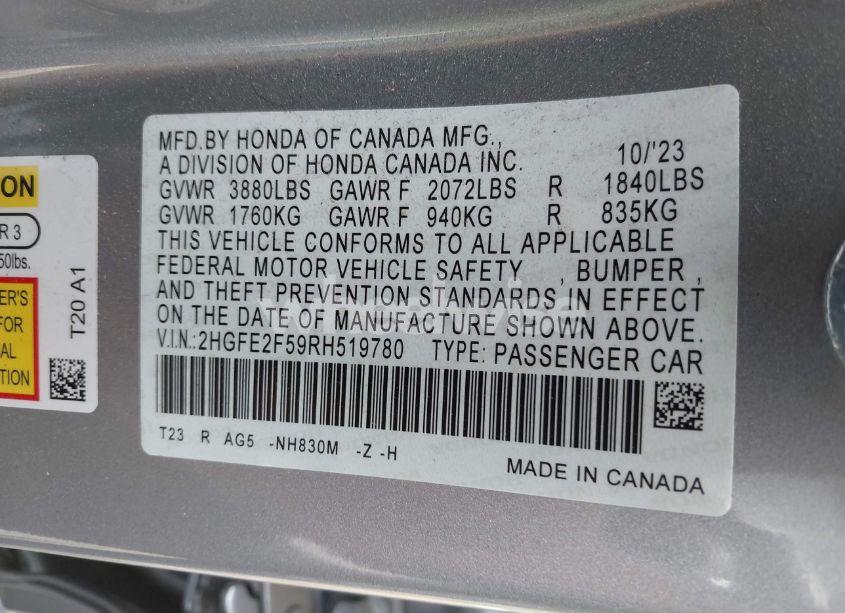 Photo 9 of 2024 Honda Civic SPORT (VIN 2HGFE2F59RH519780)