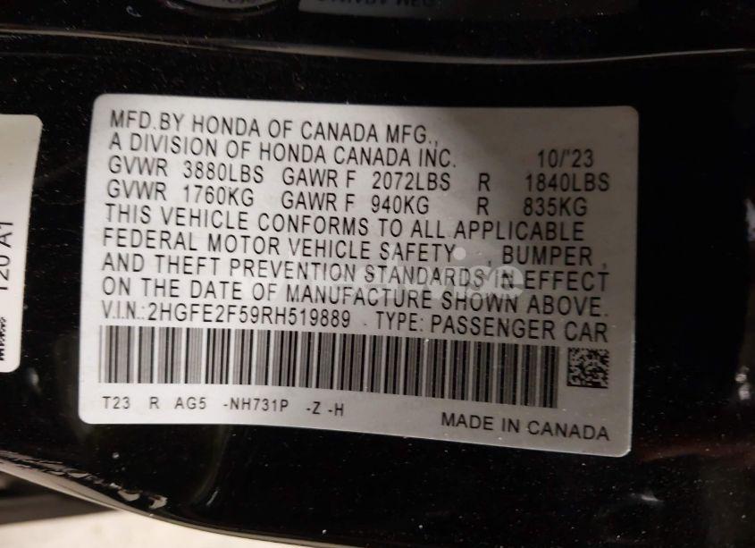 Photo 9 of 2024 Honda Civic SPORT (VIN 2HGFE2F59RH519889)