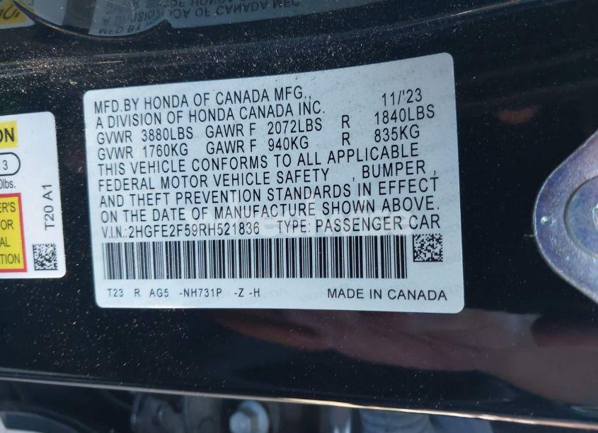 Photo 9 of 2024 Honda Civic SPORT (VIN 2HGFE2F59RH521836)