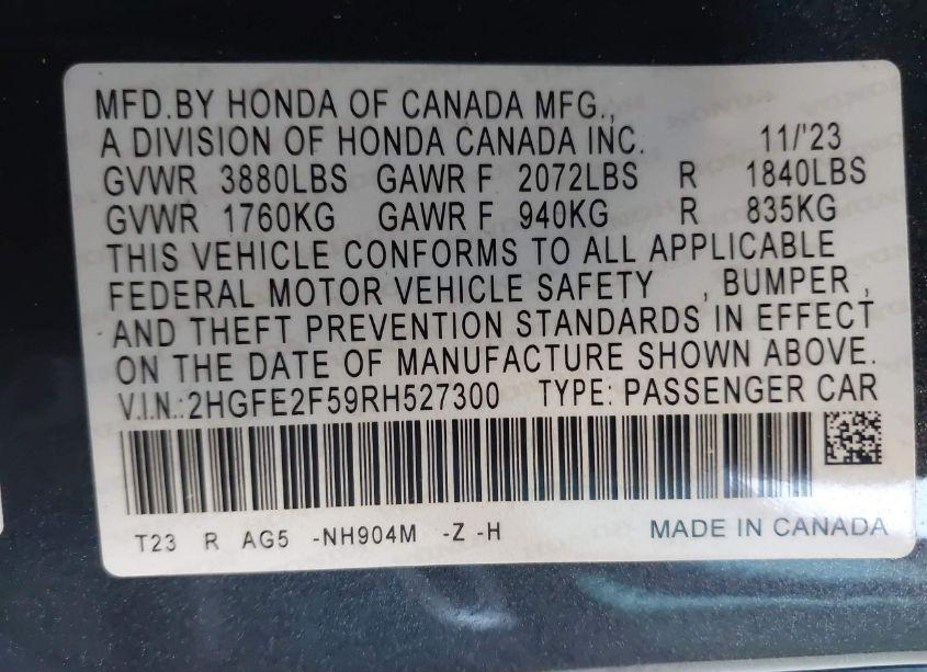 Photo 9 of 2024 Honda Civic SPORT (VIN 2HGFE2F59RH527300)