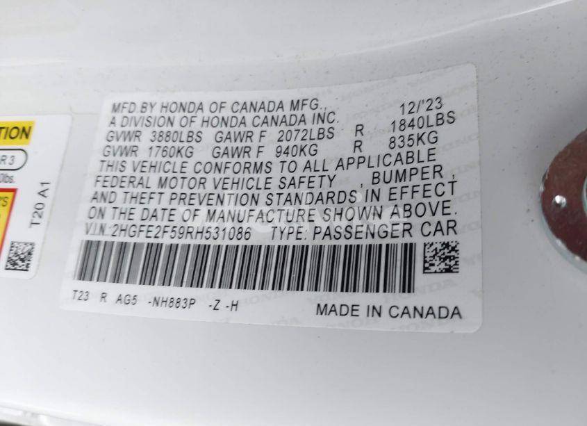 Photo 9 of 2024 Honda Civic SPORT (VIN 2HGFE2F59RH531086)