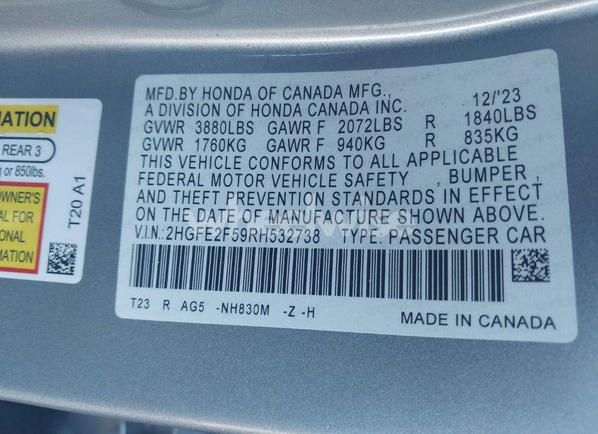 Photo 9 of 2024 Honda Civic SPORT (VIN 2HGFE2F59RH532738)