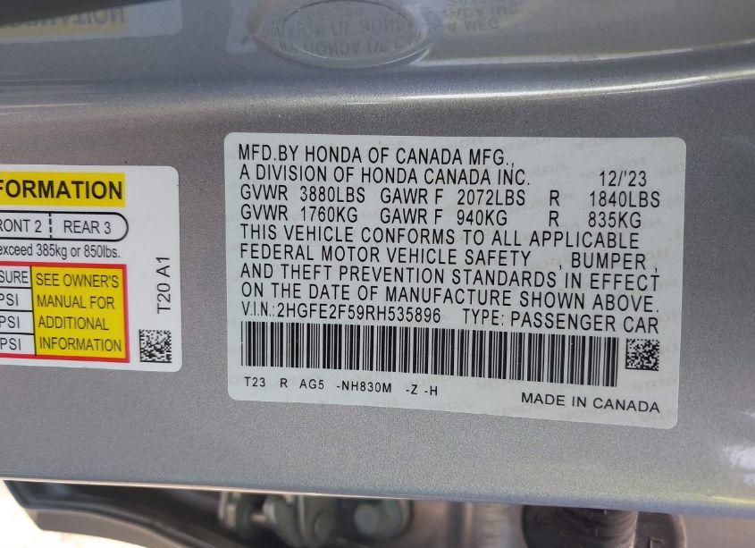 Photo 9 of 2024 Honda Civic SPORT (VIN 2HGFE2F59RH535896)