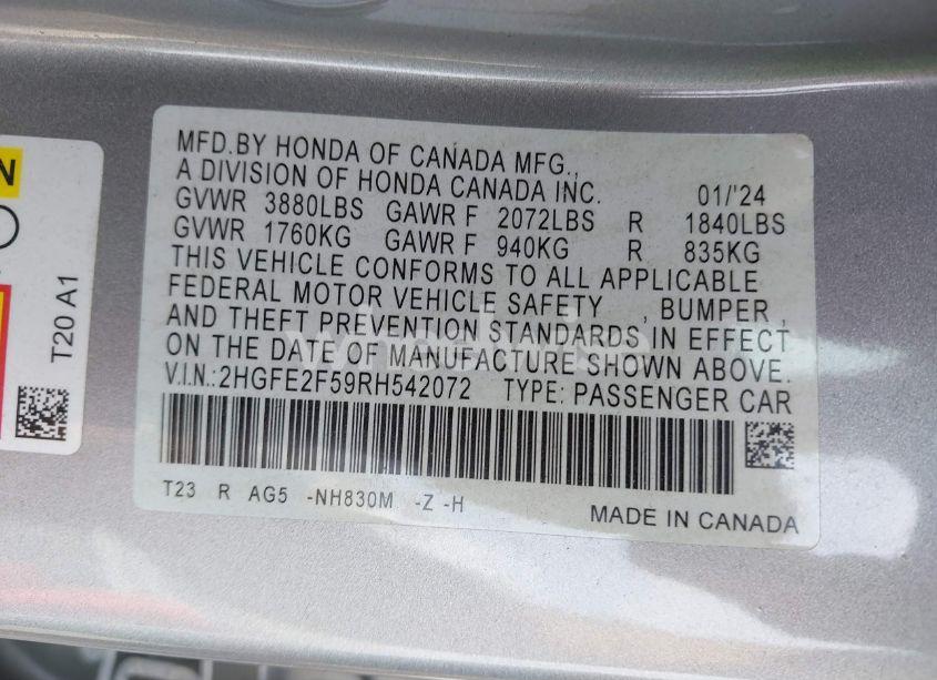 Photo 9 of 2024 Honda Civic SPORT (VIN 2HGFE2F59RH542072)