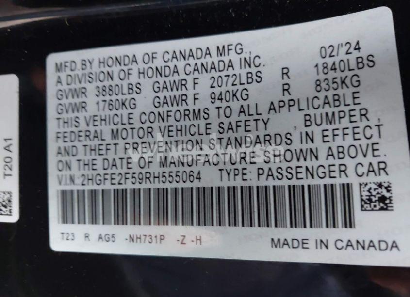 Photo 9 of 2024 Honda Civic SPORT (VIN 2HGFE2F59RH555064)