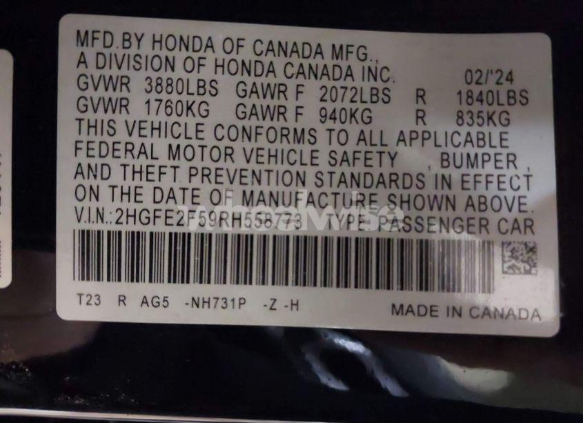 Photo 9 of 2024 Honda Civic SPORT (VIN 2HGFE2F59RH558773)