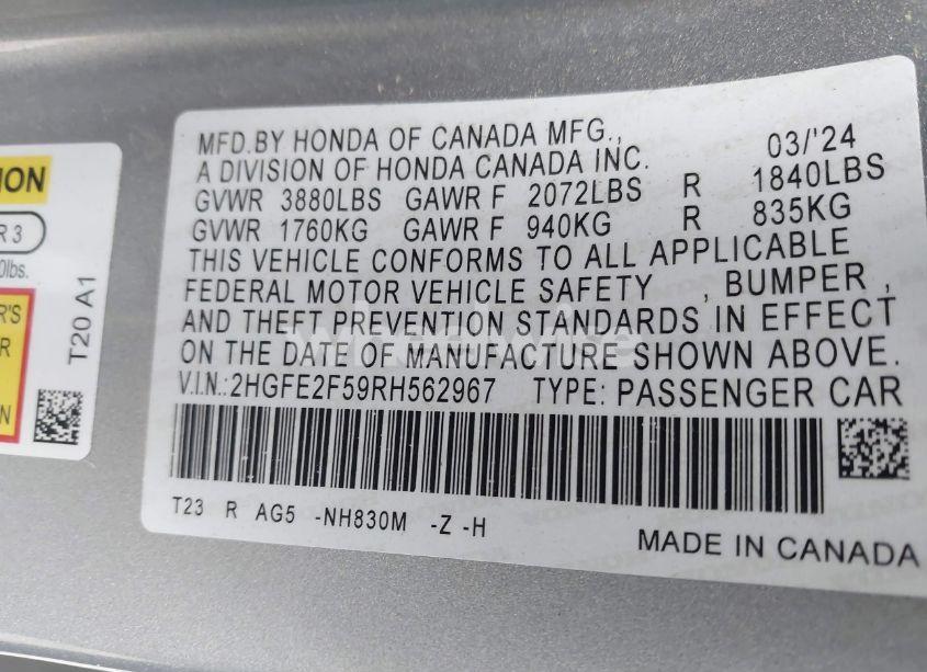 Photo 9 of 2024 Honda Civic SPORT (VIN 2HGFE2F59RH562967)