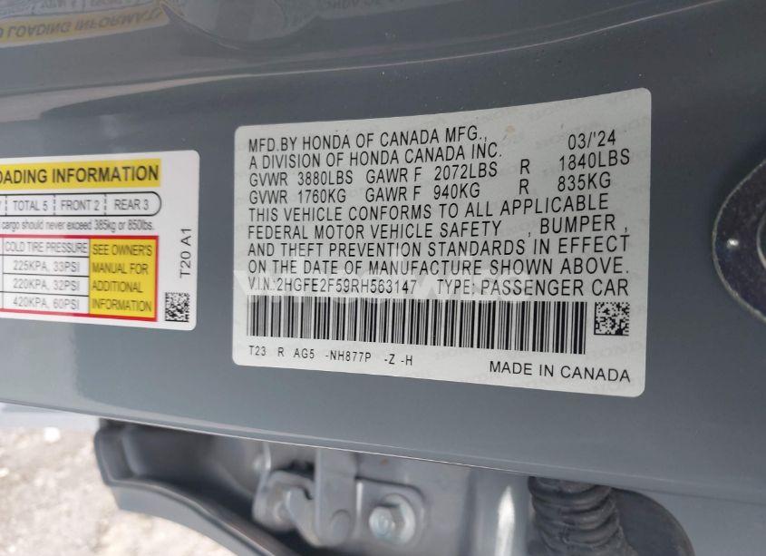 Photo 9 of 2024 Honda Civic SPORT (VIN 2HGFE2F59RH563147)