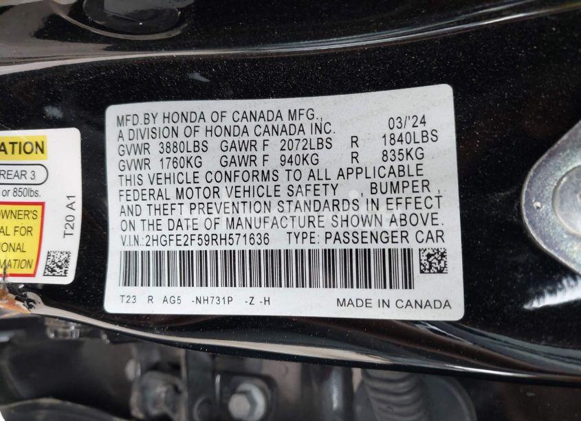 Photo 9 of 2024 Honda Civic SPORT (VIN 2HGFE2F59RH571636)