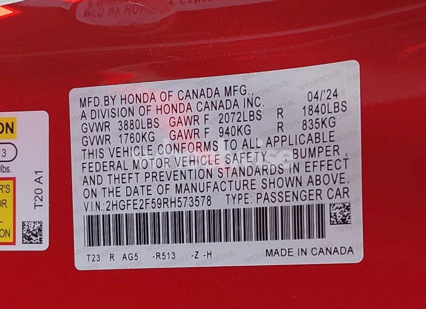 Photo 9 of 2024 Honda Civic SPORT (VIN 2HGFE2F59RH573578)