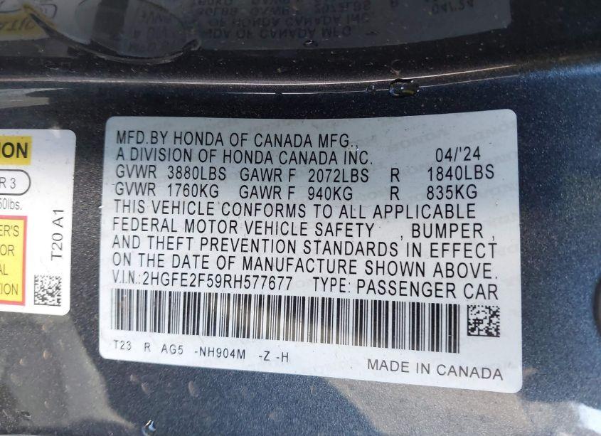 Photo 9 of 2024 Honda Civic SPORT (VIN 2HGFE2F59RH577677)