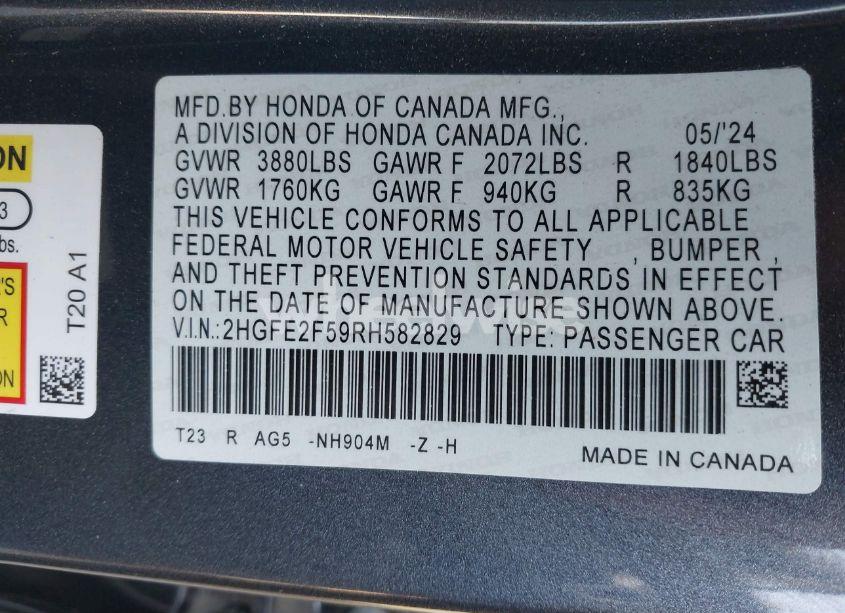 Photo 9 of 2024 Honda Civic SPORT (VIN 2HGFE2F59RH582829)