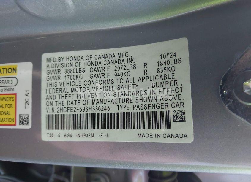 Photo 9 of 2025 Honda Civic SPORT (VIN 2HGFE2F59SH536245)