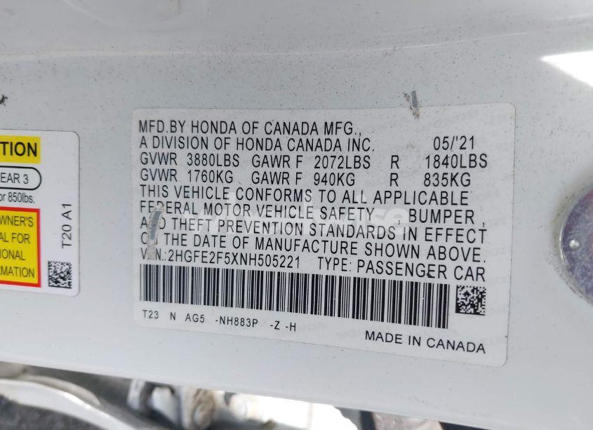 Photo 9 of 2022 Honda Civic SPORT (VIN 2HGFE2F5XNH505221)