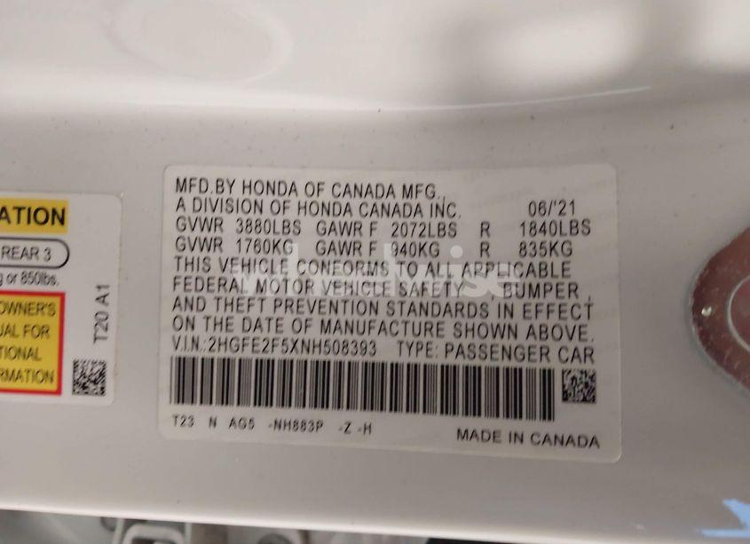 Photo 9 of 2022 Honda Civic SPORT (VIN 2HGFE2F5XNH508393)