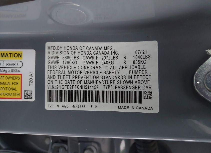 Photo 9 of 2022 Honda Civic SPORT (VIN 2HGFE2F5XNH514159)