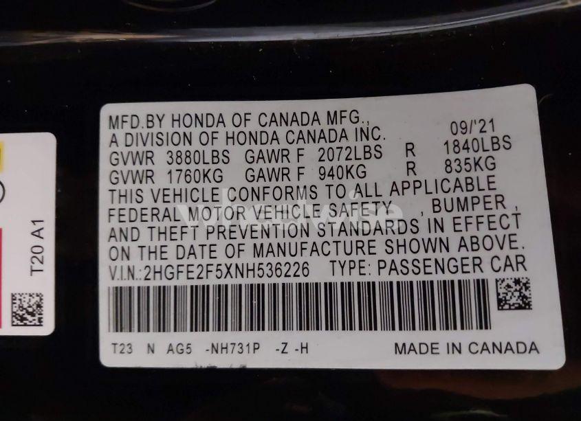 Photo 9 of 2022 Honda Civic SPORT (VIN 2HGFE2F5XNH536226)