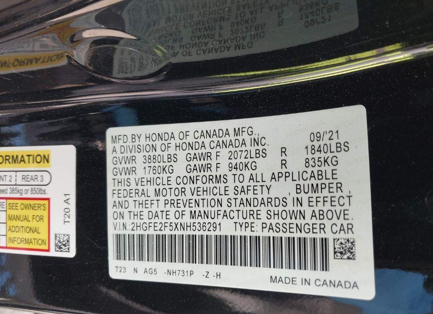 Photo 9 of 2022 Honda Civic SPORT (VIN 2HGFE2F5XNH536291)