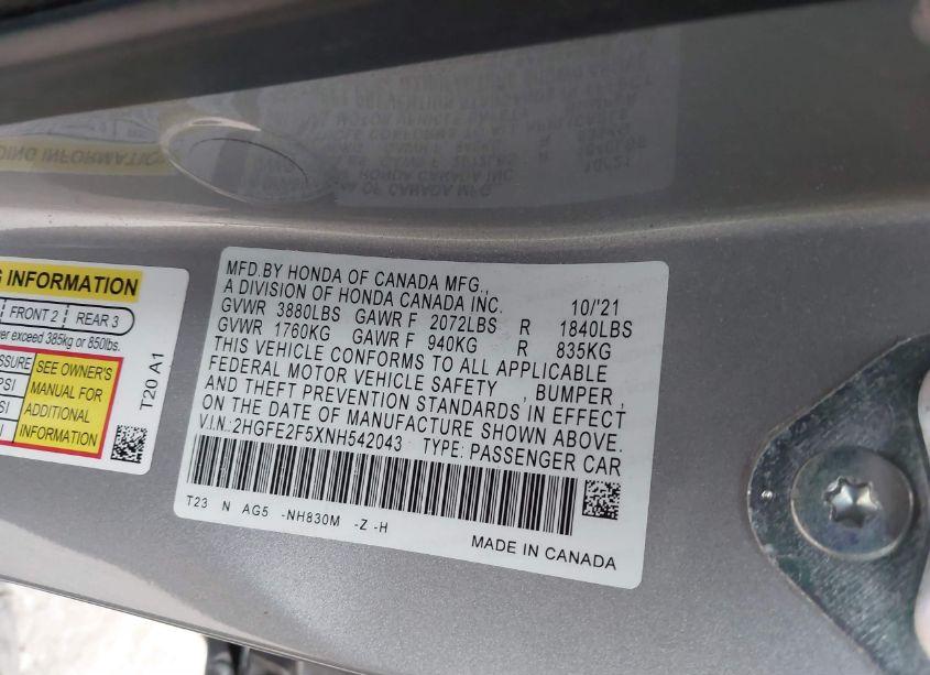 Photo 9 of 2022 Honda Civic SPORT (VIN 2HGFE2F5XNH542043)