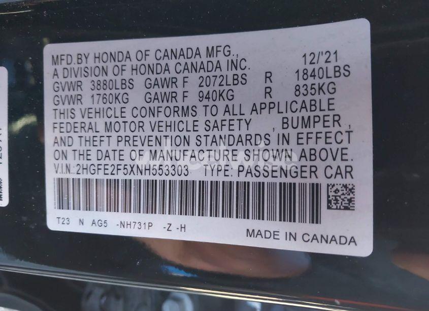 Photo 9 of 2022 Honda Civic SPORT (VIN 2HGFE2F5XNH553303)