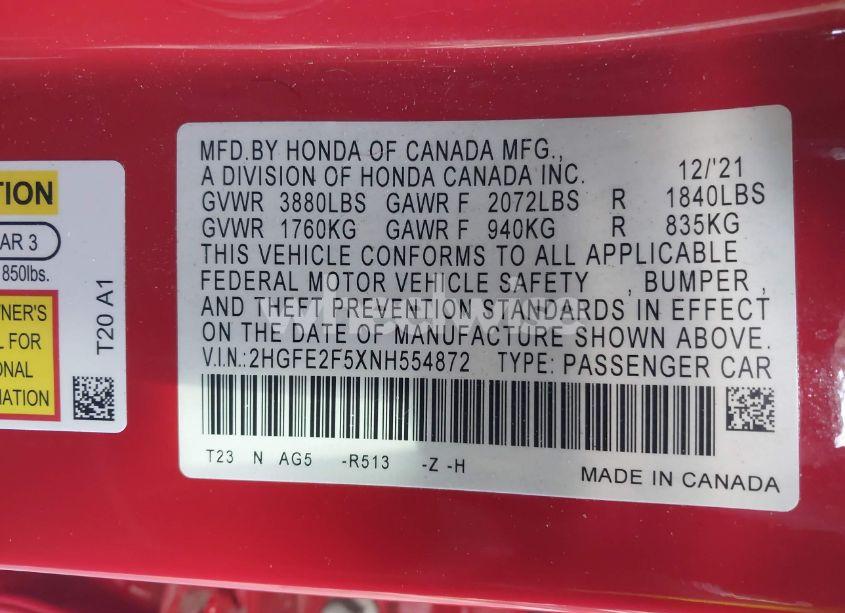 Photo 9 of 2022 Honda Civic SPORT (VIN 2HGFE2F5XNH554872)