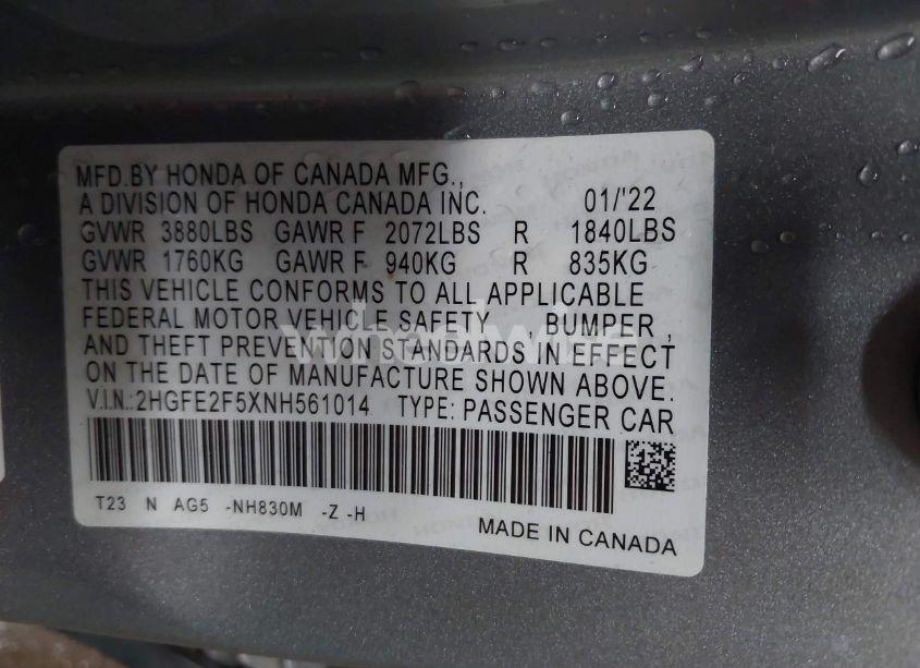 Photo 9 of 2022 Honda Civic SPORT (VIN 2HGFE2F5XNH561014)