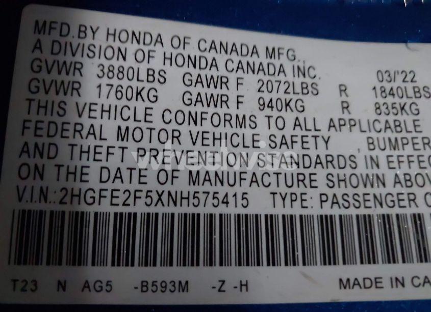 Photo 9 of 2022 Honda Civic SPORT (VIN 2HGFE2F5XNH575415)