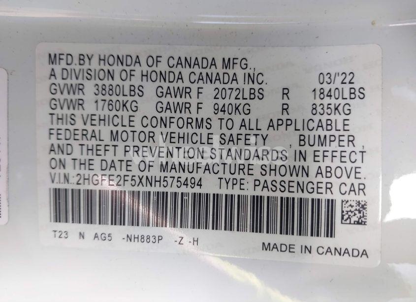 Photo 9 of 2022 Honda Civic SPORT (VIN 2HGFE2F5XNH575494)