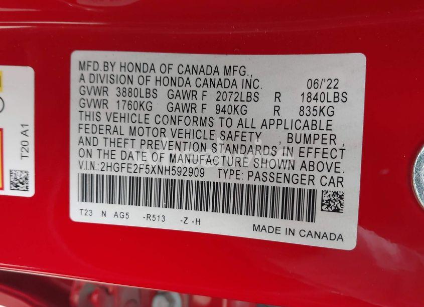 Photo 9 of 2022 Honda Civic SPORT (VIN 2HGFE2F5XNH592909)