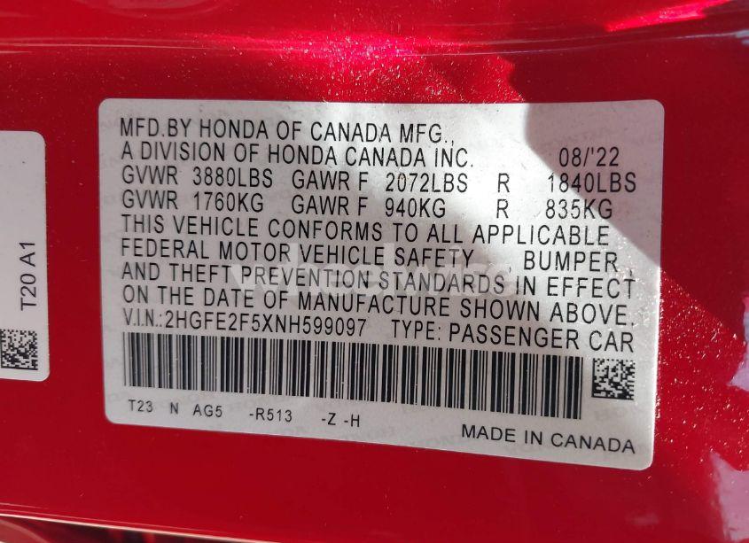 Photo 9 of 2022 Honda Civic SPORT (VIN 2HGFE2F5XNH599097)