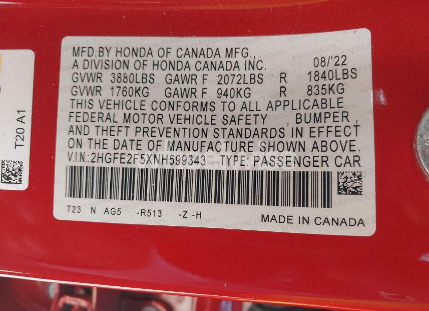 Photo 9 of 2022 Honda Civic SPORT (VIN 2HGFE2F5XNH599343)